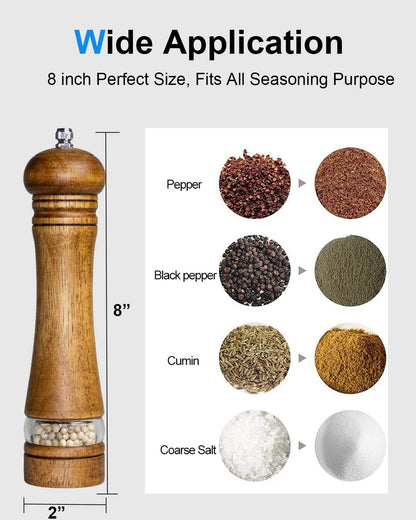 TooWoom Pepper Grinder Salt Grinder Wooden Pepper Mill Grinder w/Adjustable Coarse, 8 inch Tall Wood Refillable Manual Pepper Grinder Mill Peppermill for Black Peppercorn, Easy Clean w/Cleaning Brush