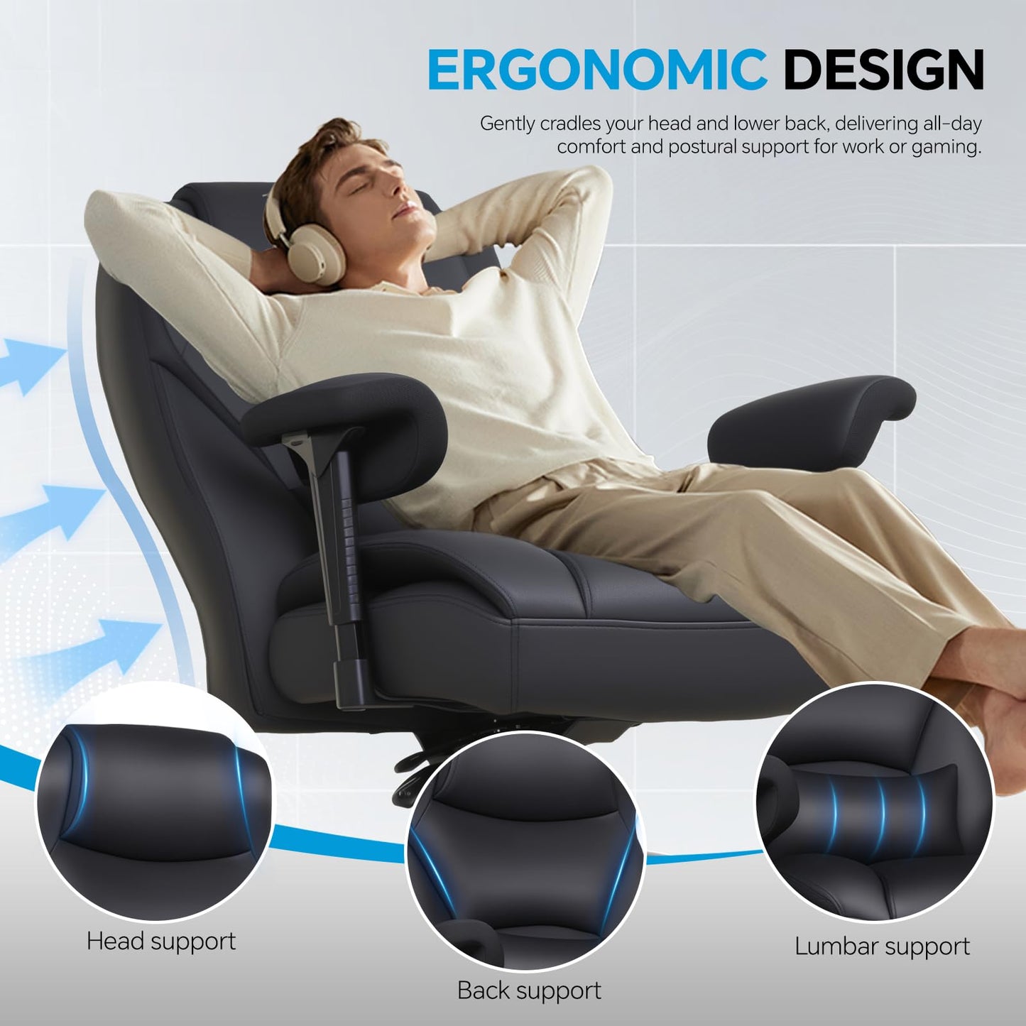 Big and Tall Office Chair - 650LBS Ergonomic Desk Chair, Leather High Back Executive Office Chairs, Plus Size High Back Desk Chair with Thick Cushion & Wide Seat, Heavy Duty Computer Gaming Chair