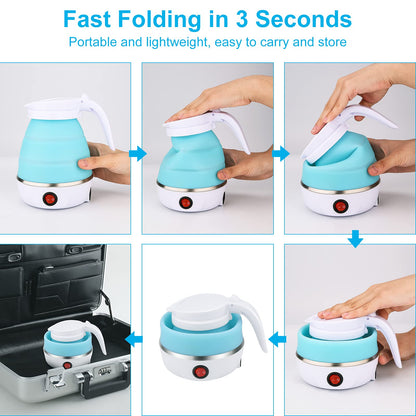 Portable Electric Kettle Travel Size, 600ML Small Foldable Tea Coffee Kettle with Collapsible Bowl and Cups, 5 Min Fast Water Boiling, BPA Free Food Grade Silicone, 110V 400W