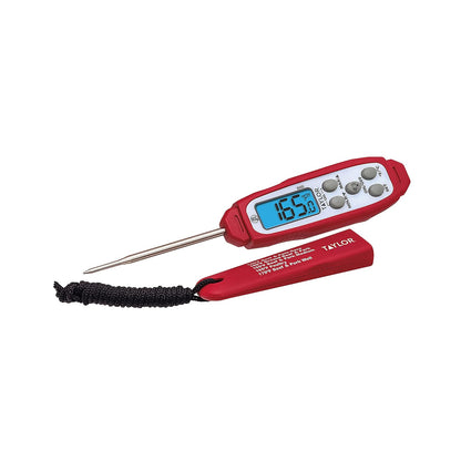 Taylor Digital Instant Read Meat Thermometer - Waterproof Kitchen Probe for Perfectly Cooked Chicken, Steak & BBQ | Fast Temperature Check, Blue Backlight Display, Red