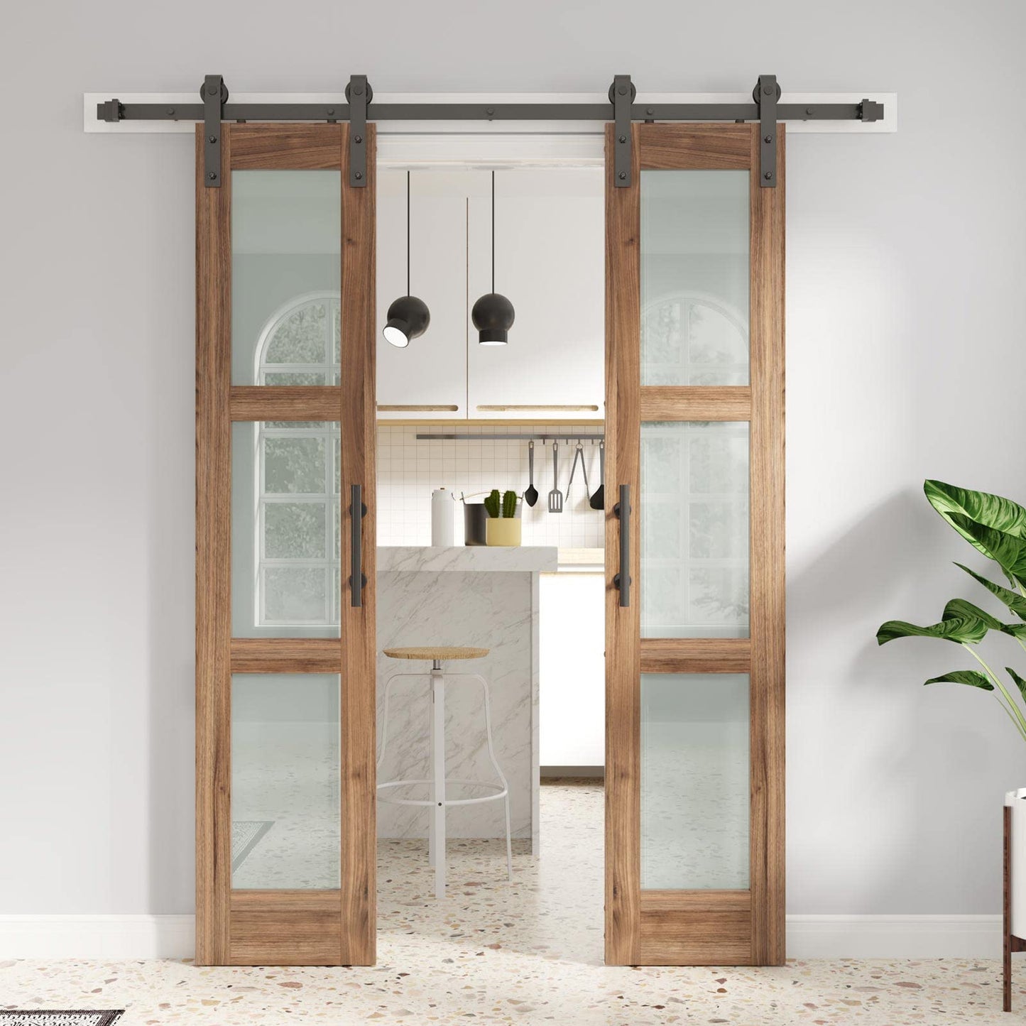 FREDBECK Double 18 x 84 inch Glass Barn Doors 36inch Barn Door with 6.6FT Hardware Kit & Handle Included,3-Panel Frosted Glass,LVL Wood Panel,Water-Proof PVC Surface,Pre-Drilled Holes,Need Assembly