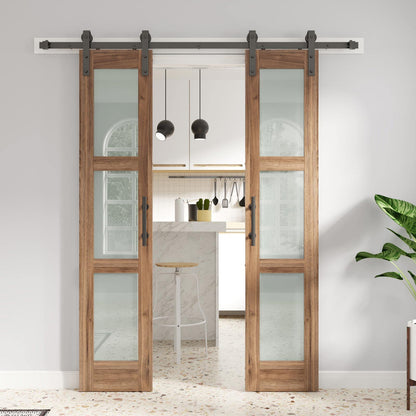 FREDBECK Double 18 x 84 inch Glass Barn Doors 36inch Barn Door with 6.6FT Hardware Kit & Handle Included,3-Panel Frosted Glass,LVL Wood Panel,Water-Proof PVC Surface,Pre-Drilled Holes,Need Assembly