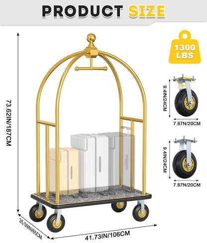 Hotel Luggage Cart, 1300LBS Load Capacity Bellman's Cart with 8" Wheels, Brushed Stainless Steel Commercial Grade Hotel Luggage Trolley with Grey Carpeted Deck for Hotels (Gold/42''L x 26''W x 74''H)