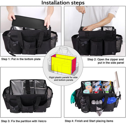 Timoxi Large Wearable Cleaning Caddy Bag with Detachable Divider, Cleaning Organizer with Handles, Cleaning Supply Tote with Adjustable Shoulder Strap&Waist Belt for Cleaners & Housekeeper (Black)