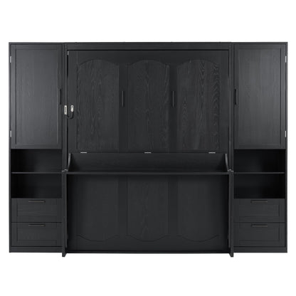 Merax Queen Size Murphy Bed with Desk, Multifunctional Foldable Wall Bed with Closet, Drawers and Shelves, Space-Saving Wood Bed Frame for Small Space Studio Study Office Guest Room, Black(Oak Veneer)
