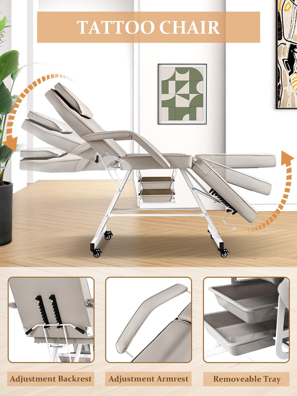 Hicomony Tattoo Chair for Client with Rolling Stool and Wheels, Tattoo Bed Adjustable Beauty Salon Spa Table 360 Swivel Facial Beds for Esthetician Bed