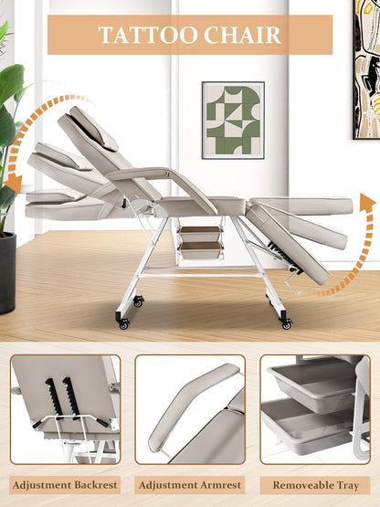 Hicomony Tattoo Chair for Client with Rolling Stool and Wheels, Tattoo Bed Adjustable Beauty Salon Spa Table 360 Swivel Facial Beds for Esthetician Bed