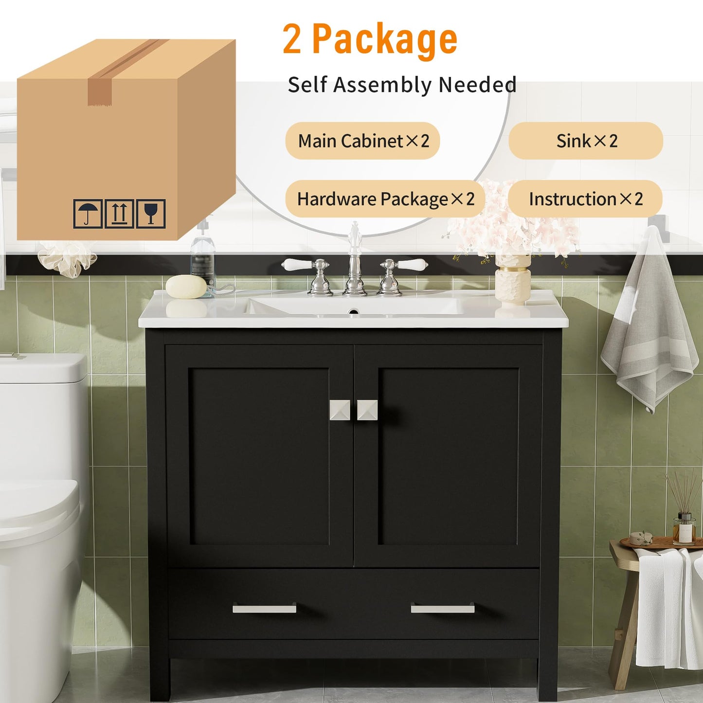 Favfurish 72" Double Bathroom Vanity with Ceramic Sink,Free Standing Single Basin Vanity Set w/Storage Shelves & Divided Drawer,Soft-Close Doors,Bathroom Storage Solution,Mirror Not Included,Black