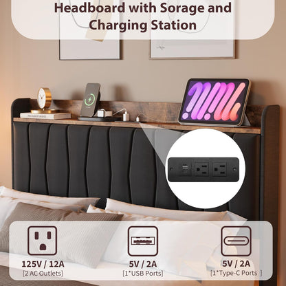 COZONY Modern Floating King Bed Frame with LED Lights, USB Charging Station, Upholstered Storage Headboard, Sturdy Wood Slats, No Box Spring Needed, Easy Assembly, Noise-Free, King-Black