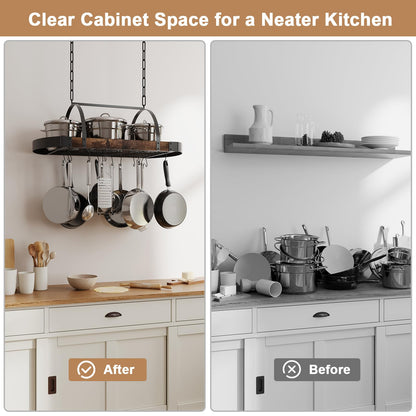 Chloraeon Hanging Pot Rack,32-Inch Ceiling Pot Rack for Kitchen,Space-Saving Pot Hanger with 16 Detachable S Hooks,Sturdy Metal Frame,Industrial Style,for Pot, Pan Storage,Space-Saving