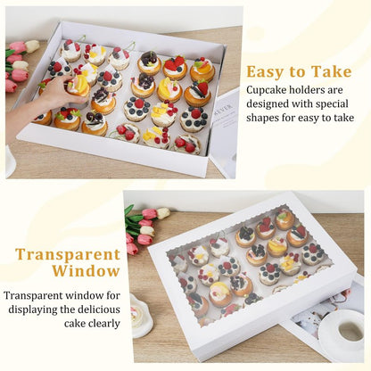 CHENZEM 24 Count Cupcake Box, 8 Pack Cupcake Containers with Windows and Inserts, Disposable Cupcake Carriers for Muffins, Treats, Pastries, Mother's Day 19 x 14 x 3.9 Inches (White, 24Count /8Pcs)