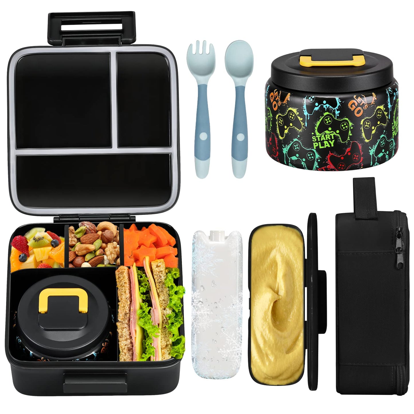 JXXM Bento Lunch Box for Kids With 8oz Soup thermo,Leak-proof Lunch Containers with 5 Compartment,thermo Food Jar and Lunch Bag, Food Containers for School (A-Black(Game Consoley))