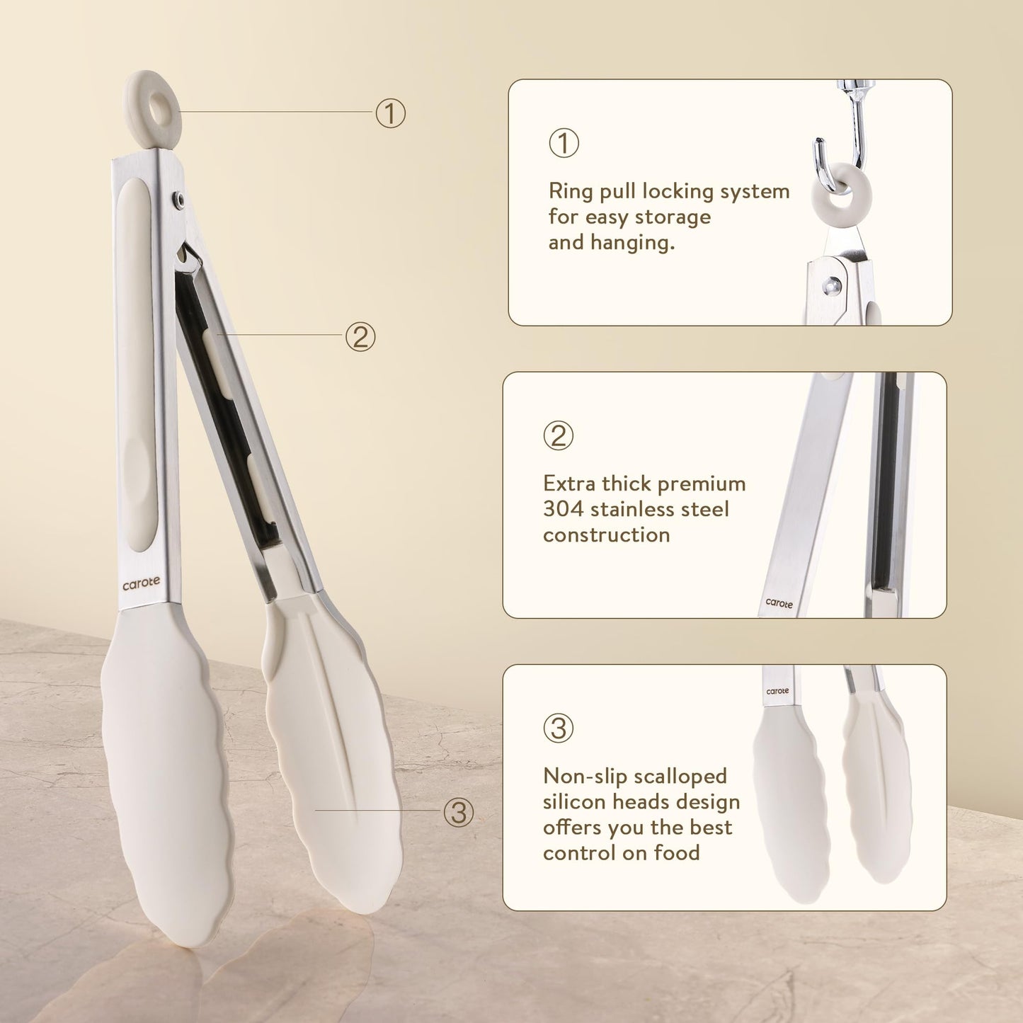 CAROTE Tongs for Cooking Heat Resistant Stainless Steel Kitchen Tongs with Non Scratch Silicone Tips, Perfect for Nonstick Cookware, BBQ Tongs Set of 3 (7"+9"+12")