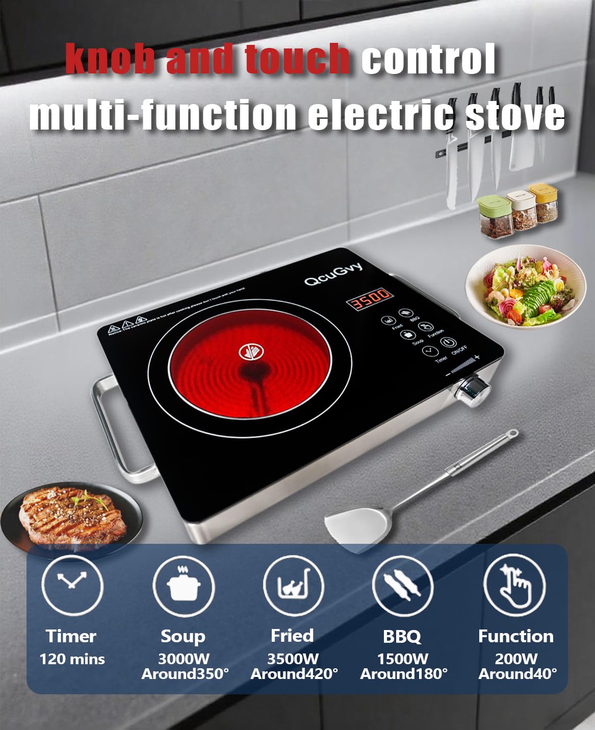 14" Portable Infrared Burner 3500 Electri Burner with 3 Hours Timer-Electric Hot Plate Touch Control Panel Adjustable Heating Power Glass Plate Electric Cooktop for Cooking (Black)