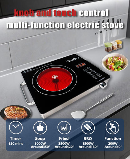 14" Portable Infrared Burner 3500 Electri Burner with 3 Hours Timer-Electric Hot Plate Touch Control Panel Adjustable Heating Power Glass Plate Electric Cooktop for Cooking (Black)