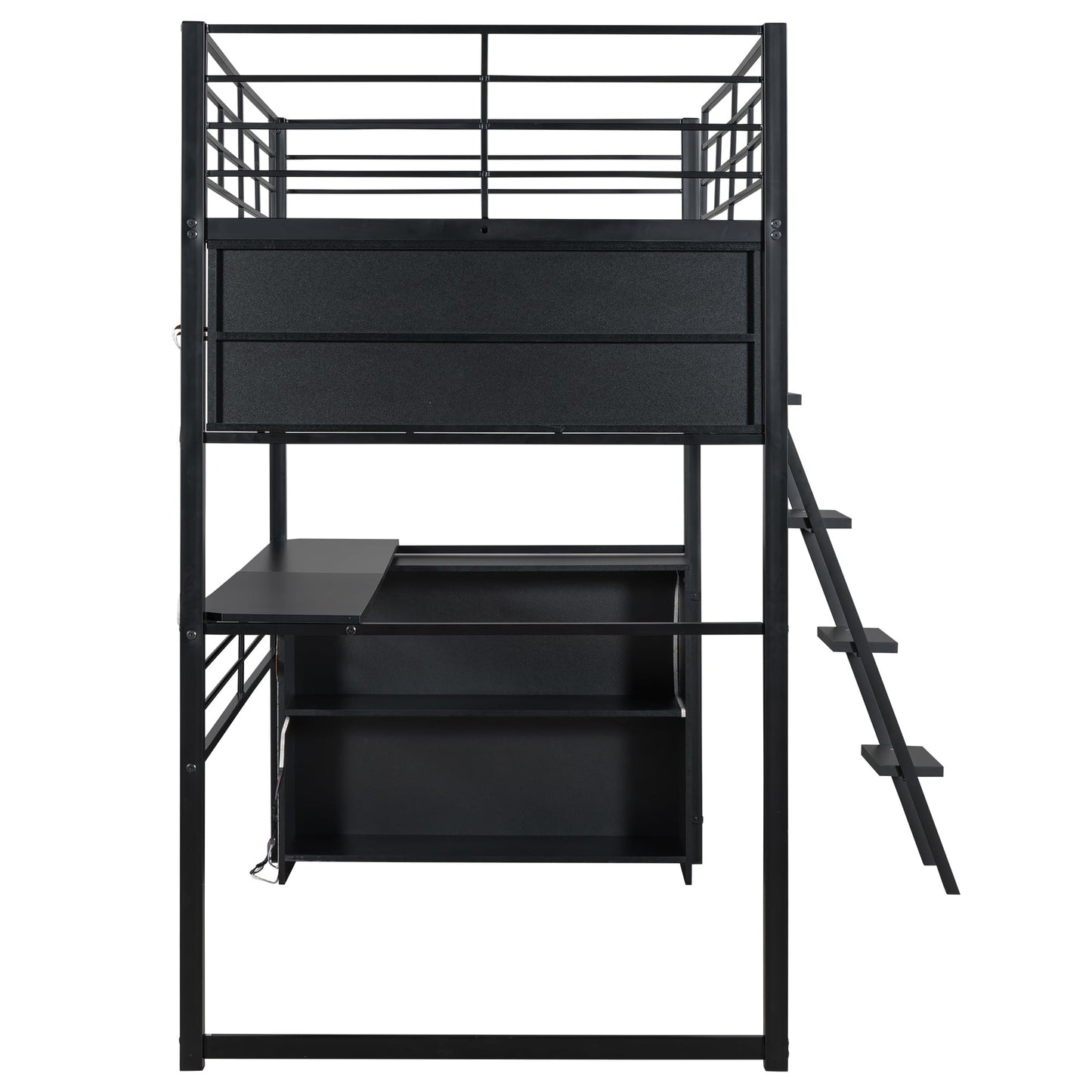 Merax Twin Size Metal Loft Bed with LED, Desk, 4 Storage Shelves, Full-Length Guardrails and Ladder for Kids Teens Adults, Black