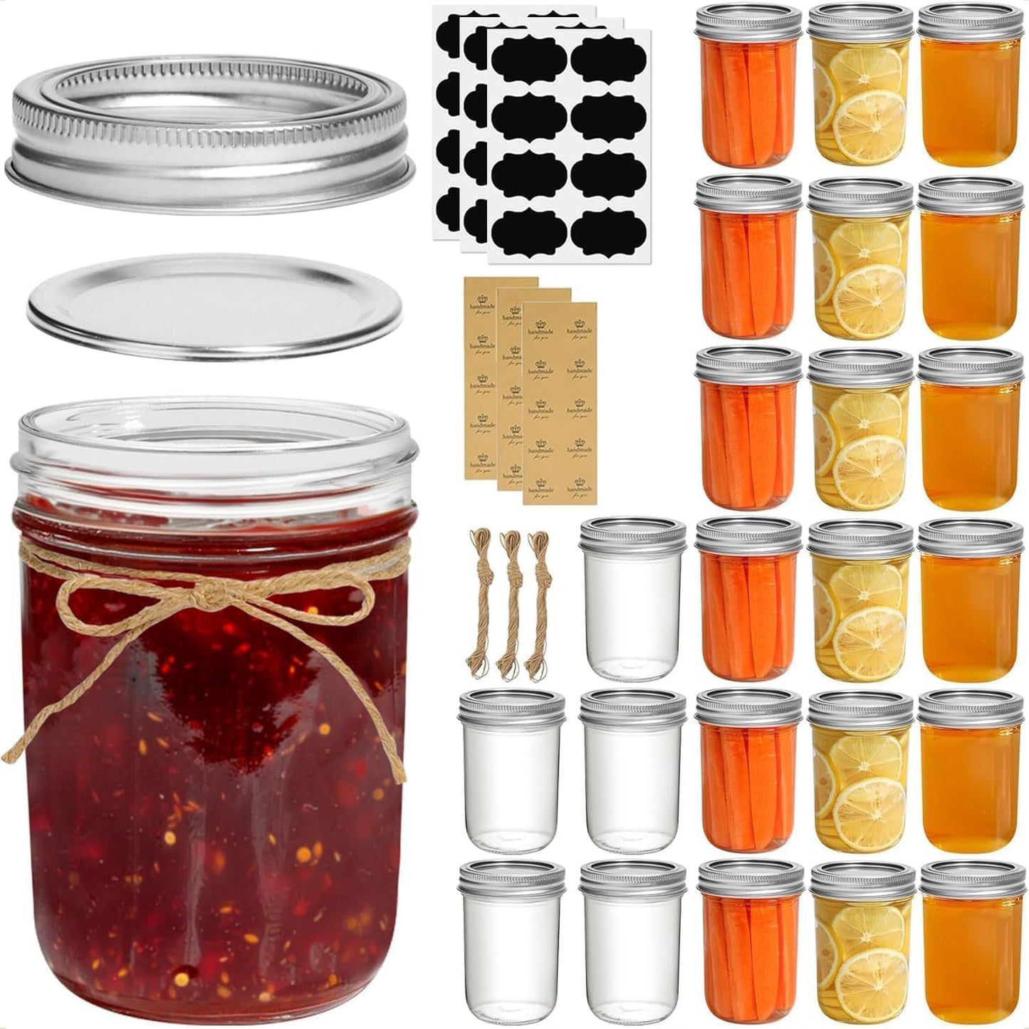 8 oz 24Pcs Set, ComSaf Small Mason Jars Bulk Half Pint Regular Mouth Mason Jar with Lids and Seal Bands, Glass Canning