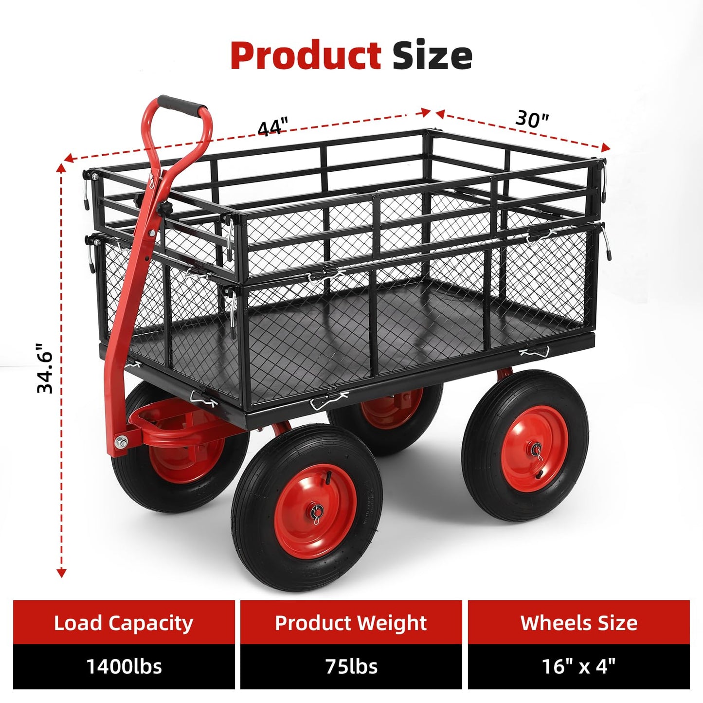 Garden Cart Steel Heavy Duty 1,400 LBS Yard and Garden Wagon with 16 Inch Tire and Adjustable Handle, Attach to ATV or Tractor, Black & Red