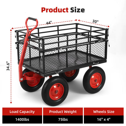 Garden Cart Steel Heavy Duty 1,400 LBS Yard and Garden Wagon with 16 Inch Tire and Adjustable Handle, Attach to ATV or Tractor, Black & Red