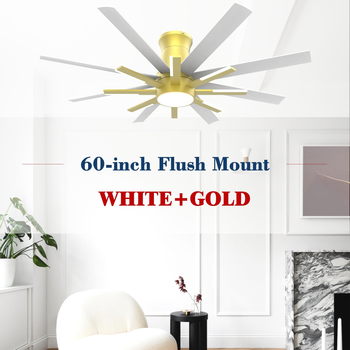 Fande-Aire 60 inch White Ceiling Fans with Lights and Remote, Flush Mount Ceiling Fan for Living Room Bedoom，6 Speed Reversible，8 Blades and 9 Lights，3 CCT，White Gold