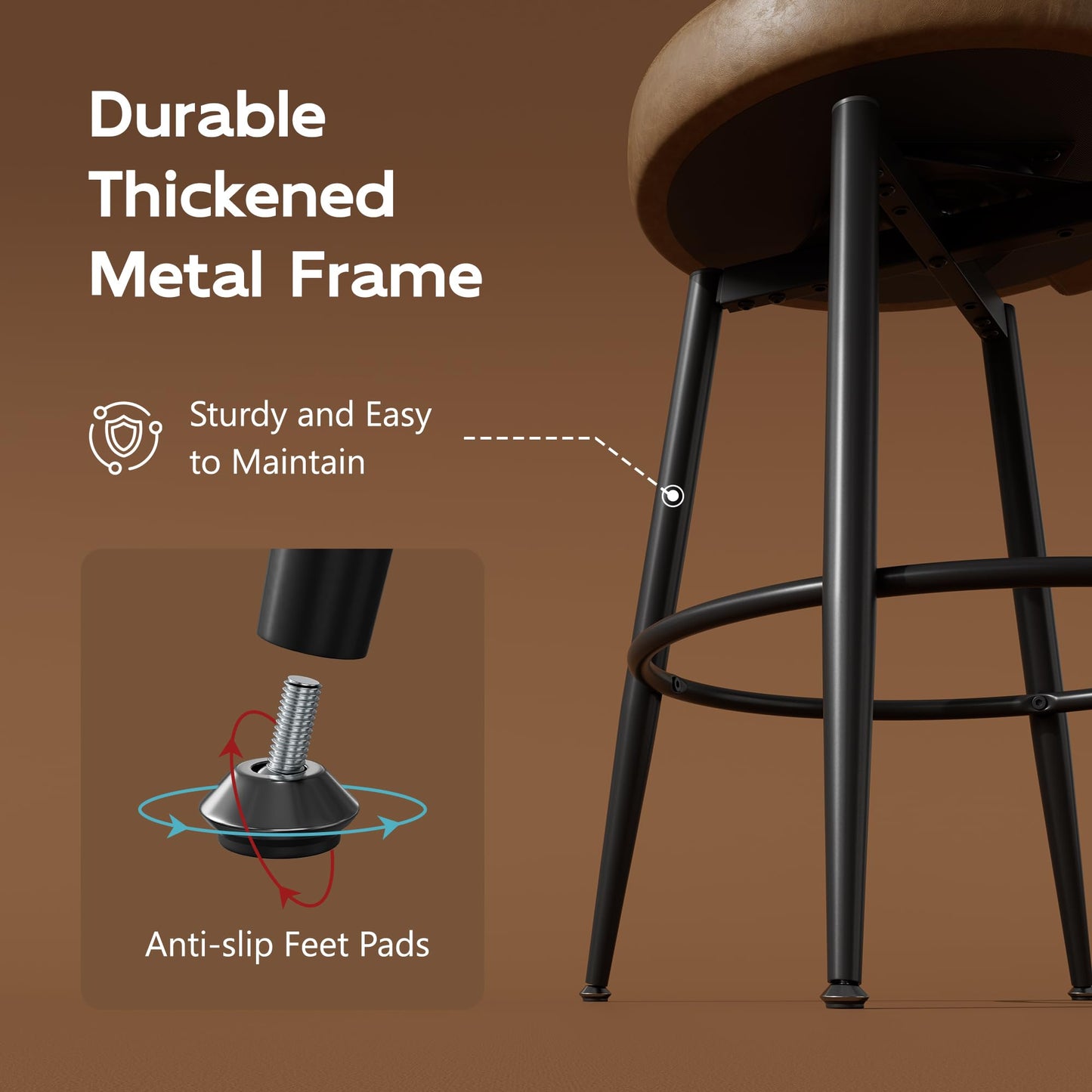 Sucrever Bar Stools Set of 4, 26" Counter Height Swivel Leather Bar Stools, Upholstered Barstools with Back & Footrest Metal Legs, Stools for Kitchen Island, Home Bar, Dining Room Brown