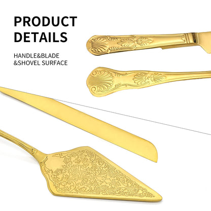 GURUDAR Vintage Wedding Cake Knife and Server Set, Stainless Steel Cake Pie Pastry Cutting Knife & Serving Spatula Set, Premium Party Supplies for Wedding, Birthday, Anniversary & Events, Gold