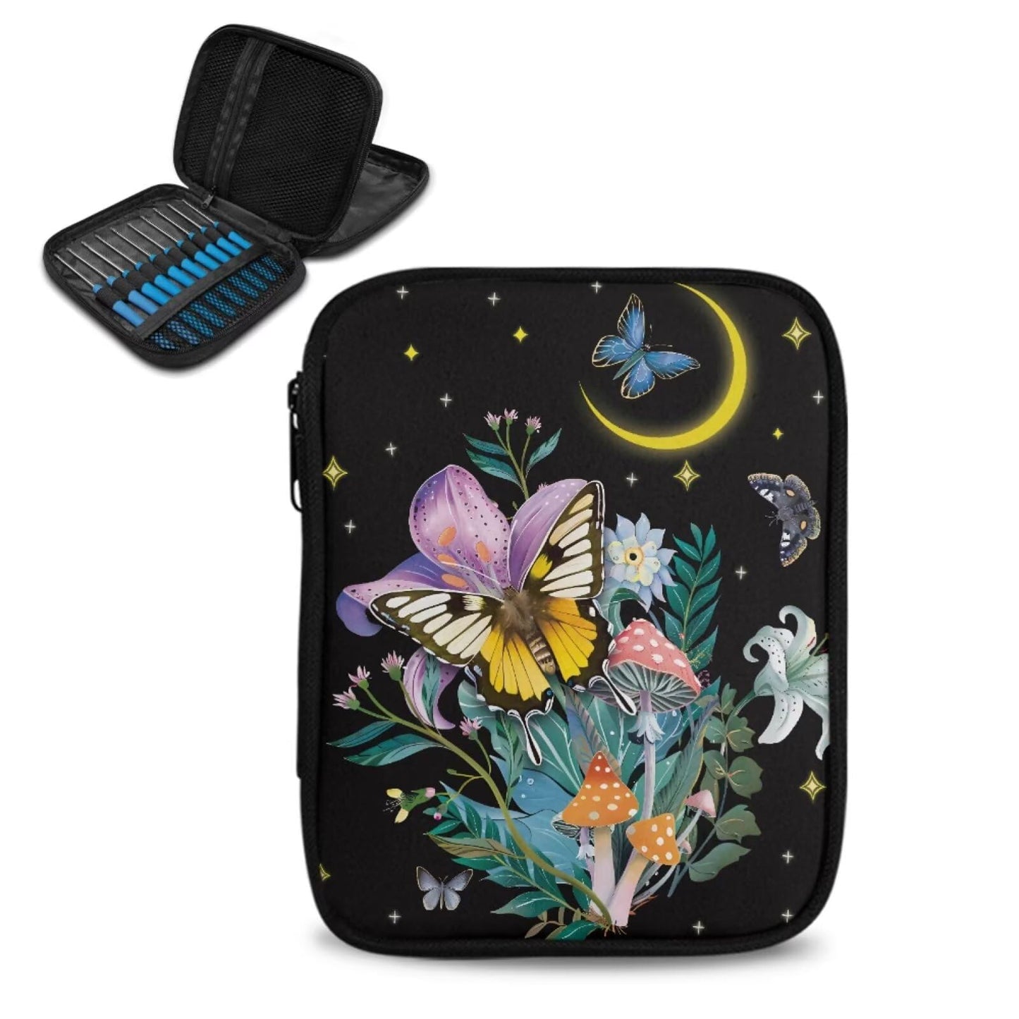 Twousenru Fashionable Butterfly Mushroom Crochet Hook Case Portable Knitting Needle Case with Web Pockets Swing Crochet Hooks Accessories Easy to Take