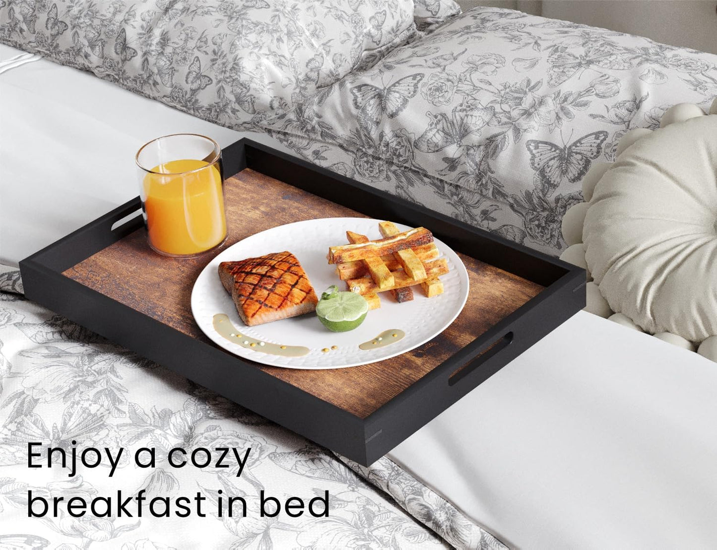 Fibogollo Set of 2 Wooden Serving Tray with Handles,Decorative Trays Platter,Breakfast Tray in Bed,Large Coffee Table Tray，Food Drinks Trays for Eating,Working,Storing