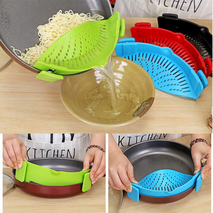 Snap Strainer, Clip-on Heat Resistant Silicone Colander for Pots, Hands-free Pour Spout for Pasta, Vegetables