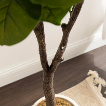 Kate and Laurel Fidmont Faux Fiddle Fig Tree with Jia Curved Planter Pot, 6 FT, Cream, Potted Artificial Tree Indoor with Realistic Foliage and Added Moss, Fake Plant for Living Room Decor