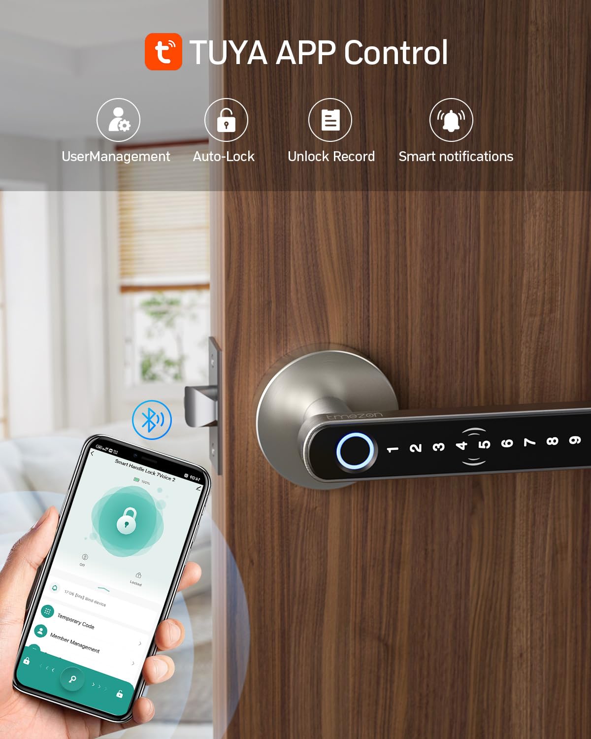 TMEZON Smart Door Lock Fingerprint, Keyless Entry Door Lock with Handle, APP/IC Cards/Codes/Keys/Fingerprints Biometric Electronic Keyless Entry Lock for Bedroom Home Hotel Office