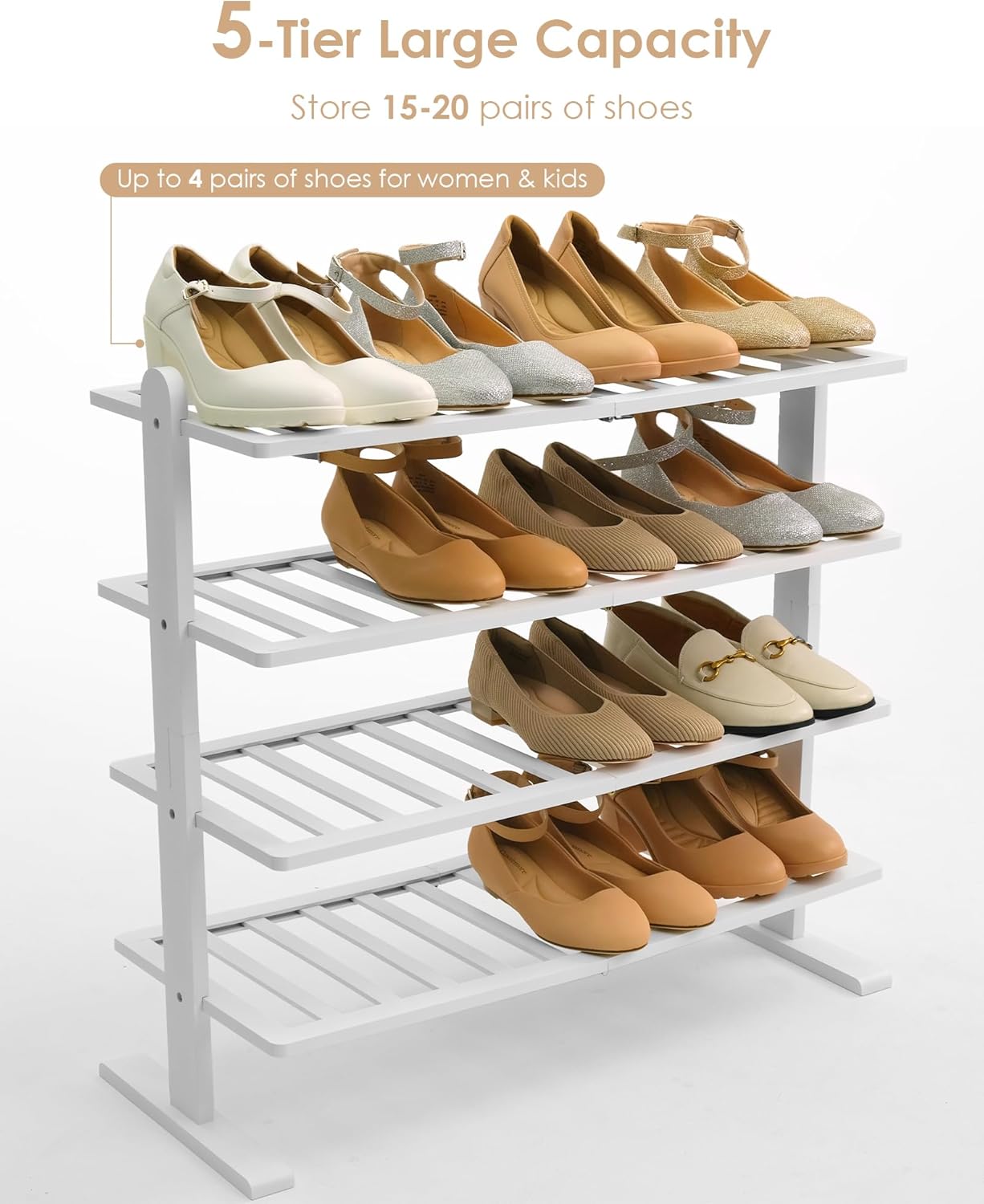 4-Tier Closet Varhomax White Shoe Rack, Bamboo Shoe Rack Organizer for and Entryway, Thick Wooden Free Standing Shoe