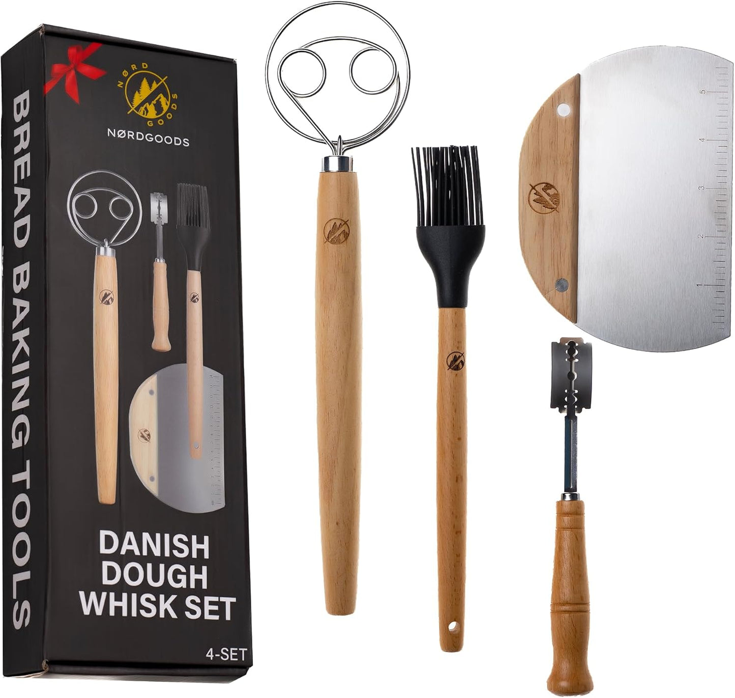 Danish Dough Whisk Kit for Sourdough, 4 Pcs Bread Making Tools with Whisk, Bench Scraper, Bread Lame & Brush