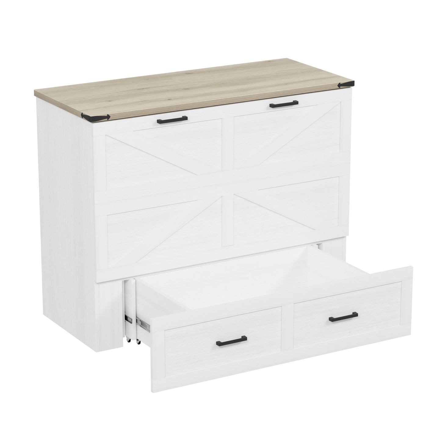 DNYN Farmhouse Murphy Cabinet Bed with Large Storage Drawer for Bedroom/Guest Room, Full-Size Foldable Wall Bed Frame with Charging Station, Space-Saving Design & No Box Spring Needed