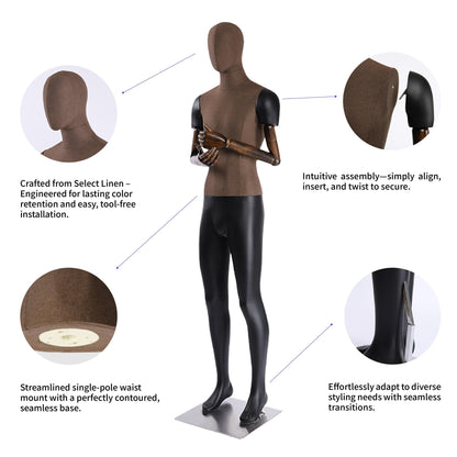 Male Mannequin with Articulated Wood Arms, Premium Fiberglass Dress Form with Linen Torso, Heavy Duty Stainless Steel Base, Flexible Display Dummy for Retail Store & Tailoring(Brown,Straight Leg)