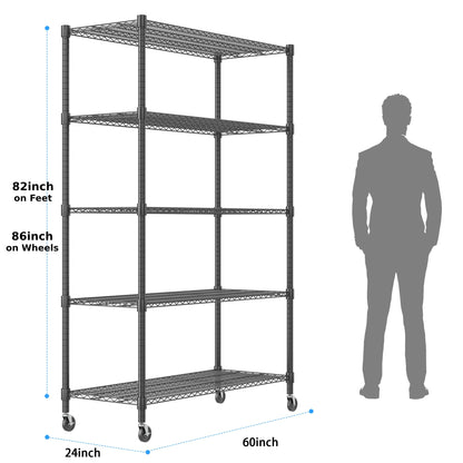 Homdox 5 Tier Storage Racks and Shelving, 24"x60"x82" Heavy Duty Metal Shelves for Storage, 3000LBS Commercial Adjustable Wire Shelving Unit on Wheels for Garage, Pantry, Kitchen, Warehouses, Black