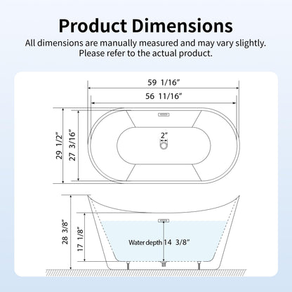 DeerValley 59" Free Standing Bathtub, Acrylic Soaking Tub with Center Drain & Integrated Overflow, Modern Standalone Shower Tub White, Deep Soaker, Ergonomic Design, DV-1T151S