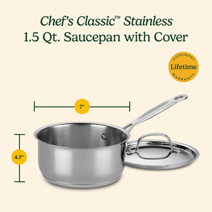 Cuisinart 1.5 Quart Sauce Pan with Cover, Stainless Steel Pot with Lid, Small Kitchen Pots, Dishwasher Safe, Compatible with Induction, Electric, Gas Cooktops, Oven Safe Saucepan, Cool Grip Handles
