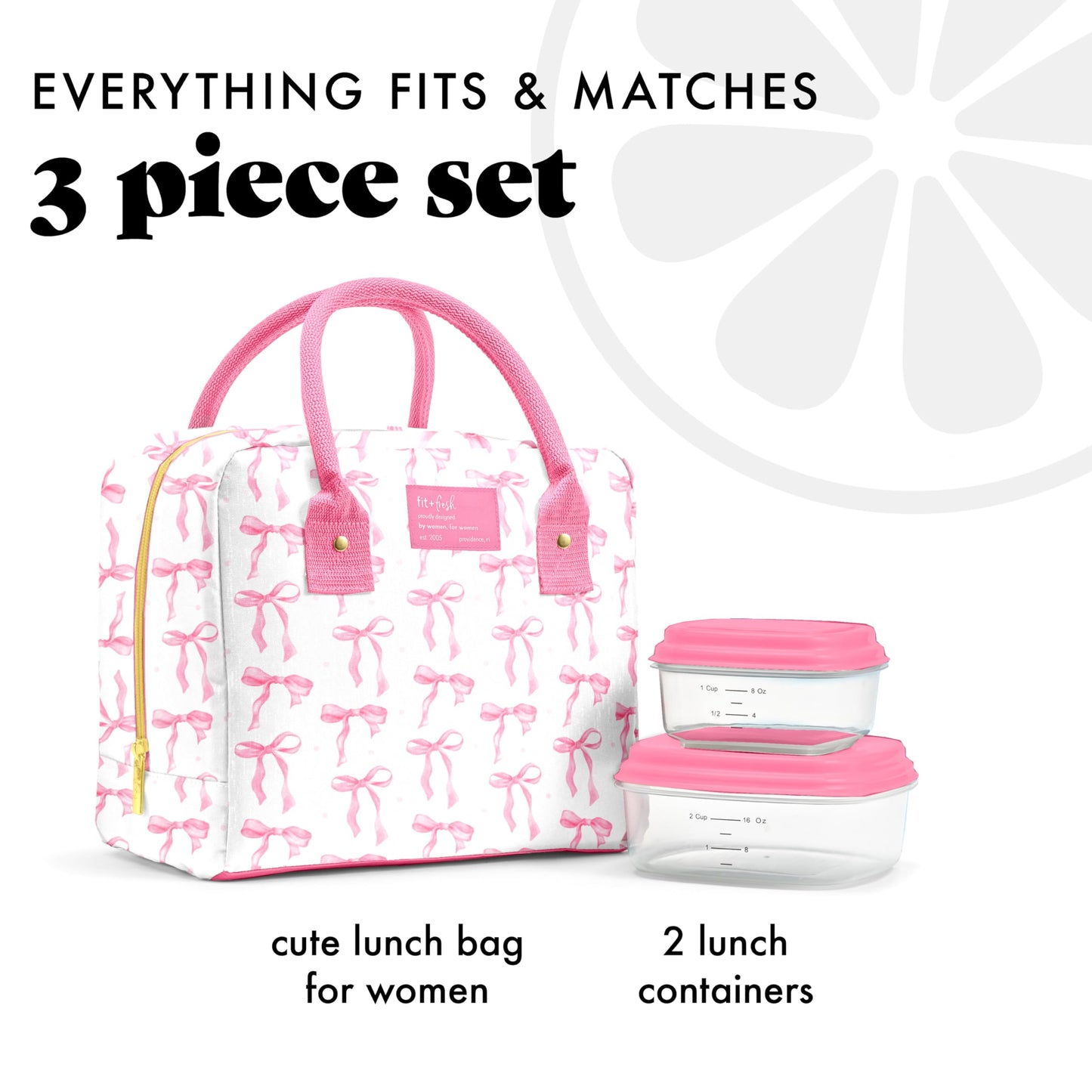 Fit & Fresh Bloomington Lunch Bag for Women - Insulated Large Lunch Box for Work with Containers, Leak-Resistant, Stain-Resistant, Zipper Closure, Pink Bows