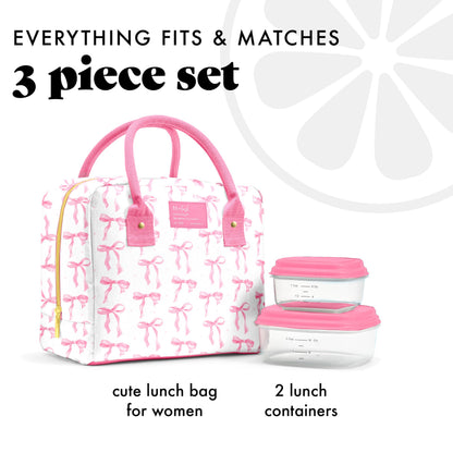 Fit & Fresh Bloomington Lunch Bag for Women - Insulated Large Lunch Box for Work with Containers, Leak-Resistant, Stain-Resistant, Zipper Closure, Pink Bows