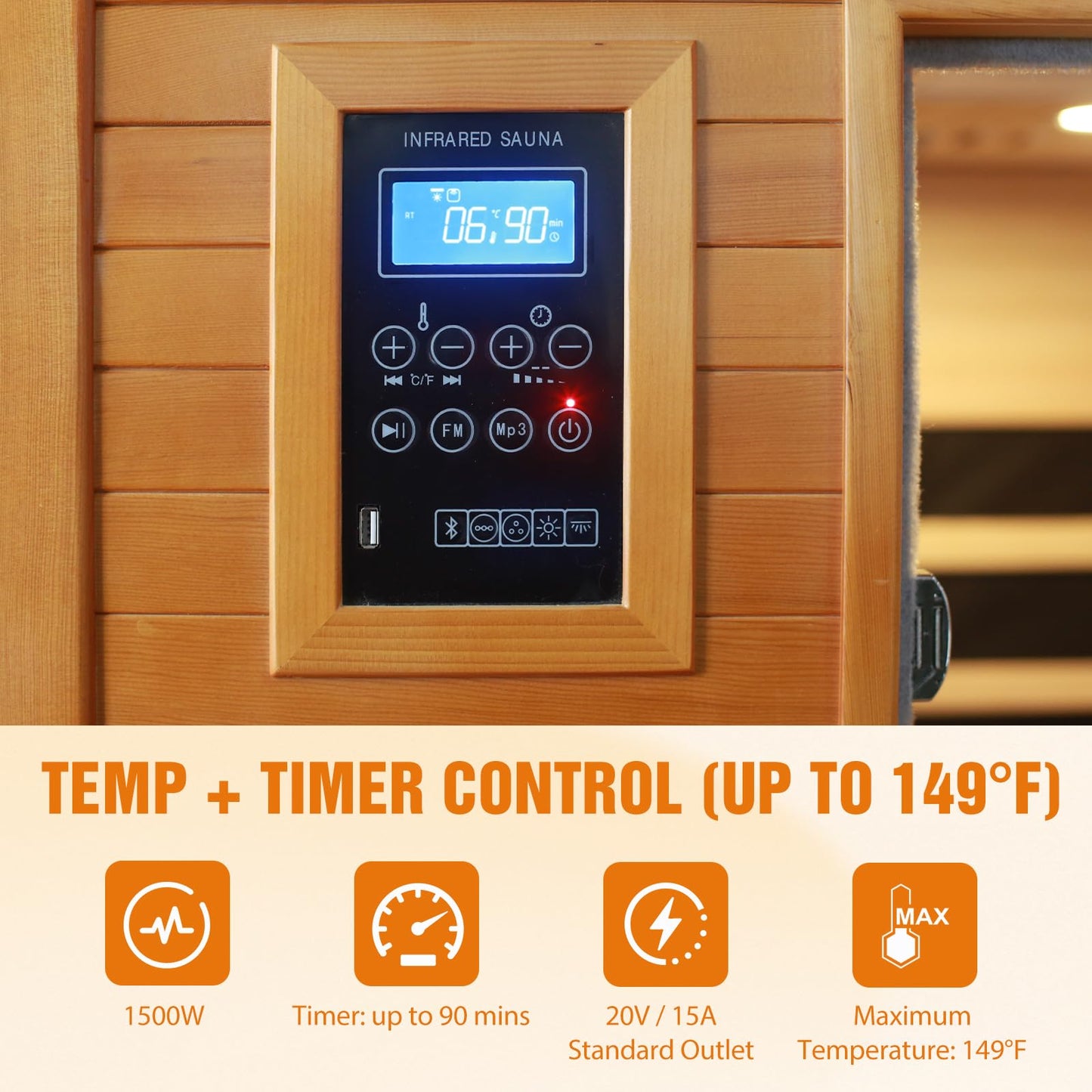 EAGLE PEAK 1-2 Person Low EMF Far Infrared Sauna, Red Light and Chromotherapy Lighting, Bluetooth Speakers, USB Port, Indoor Dry Heat Sauna, Canadian Hemlock Wood, Brown