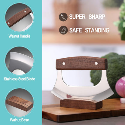 Coowolf Ulu Knife - Sharp Rocker Mezzaluna Knife with Stand for Cutter Pizza, Meat, Vegetables, Herb, Salad, Stainless Steel Blade, Walnut Wood Handle, Kitchen Essentials Accessories and Gadgets Tools