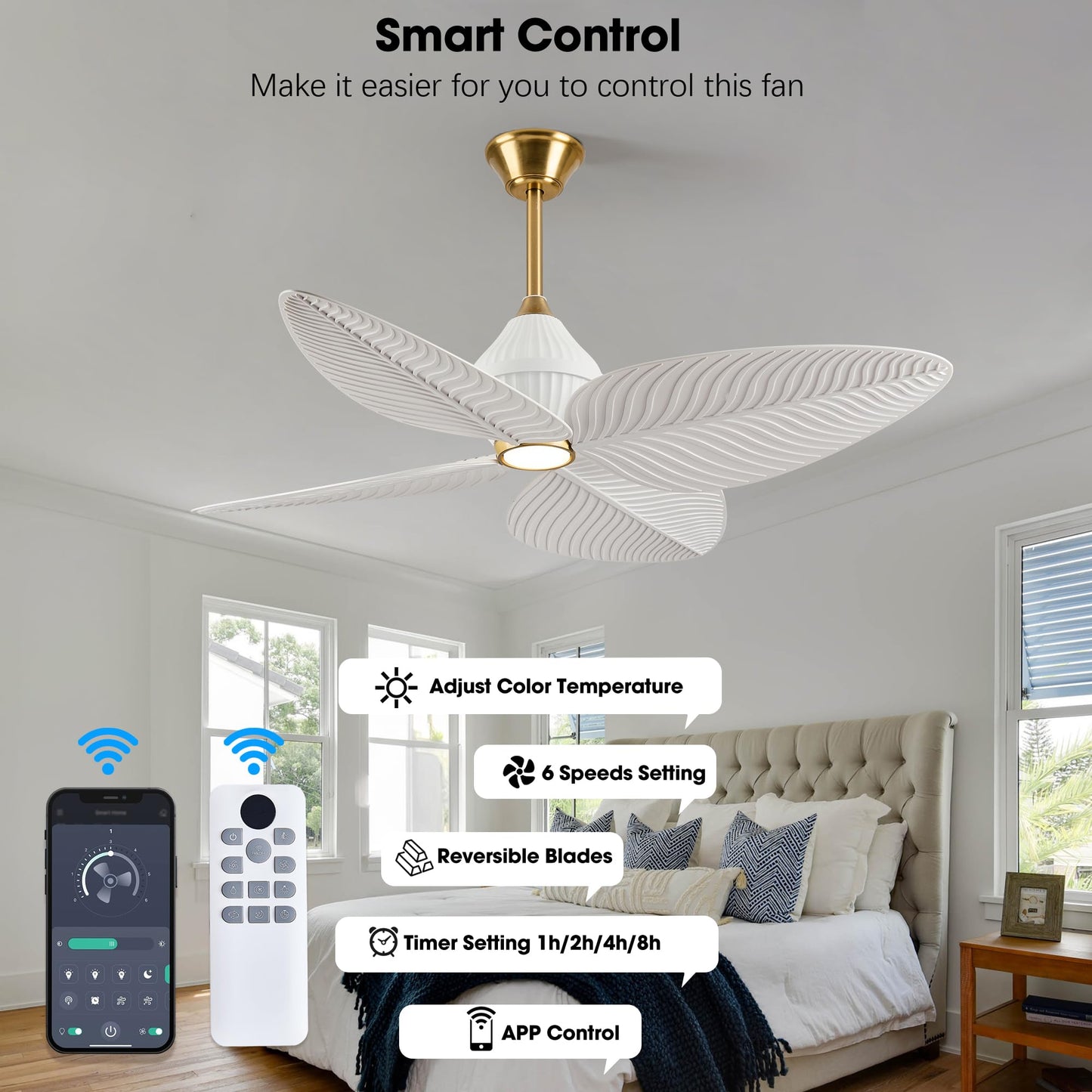LVYEAYOU 52" Tropical Ceiling Fans with Lights, Indoor Palm Leaf Ceiling Fan with Light and Remote for Living Room Bedroom, ABS Blades, Dimmable LED Lights, 6 Speeds, Adjustable Height-White Gold