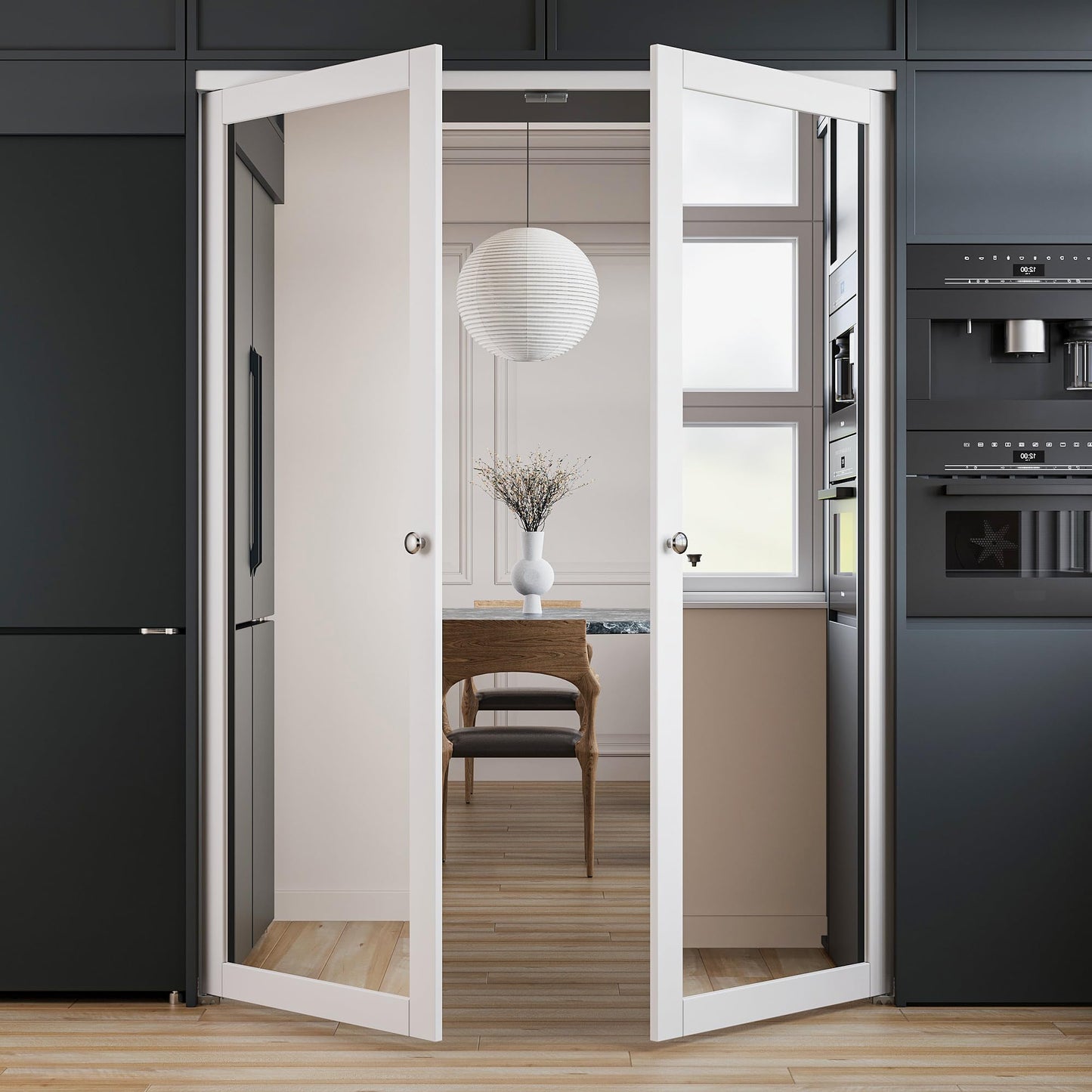 French Pivot Door for 80" x 60" Opening, Double Mirror Door Panels with Pivot Hardware, White, Water & Scratch-Resistant Surface