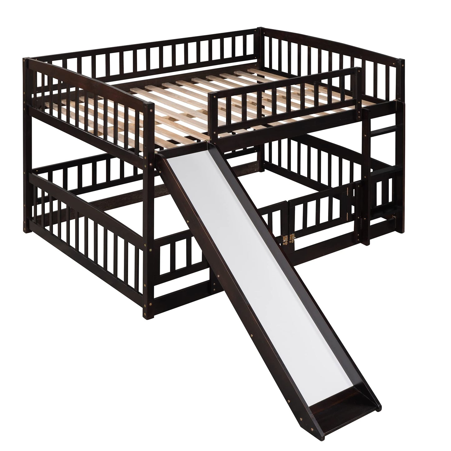 Bellemave Bunk Bed Full Over Full with Slide and Stairs, Bunk Bed for Kids, Girls, Boys, Floor Bunk beds with Fence and Door, Espresso