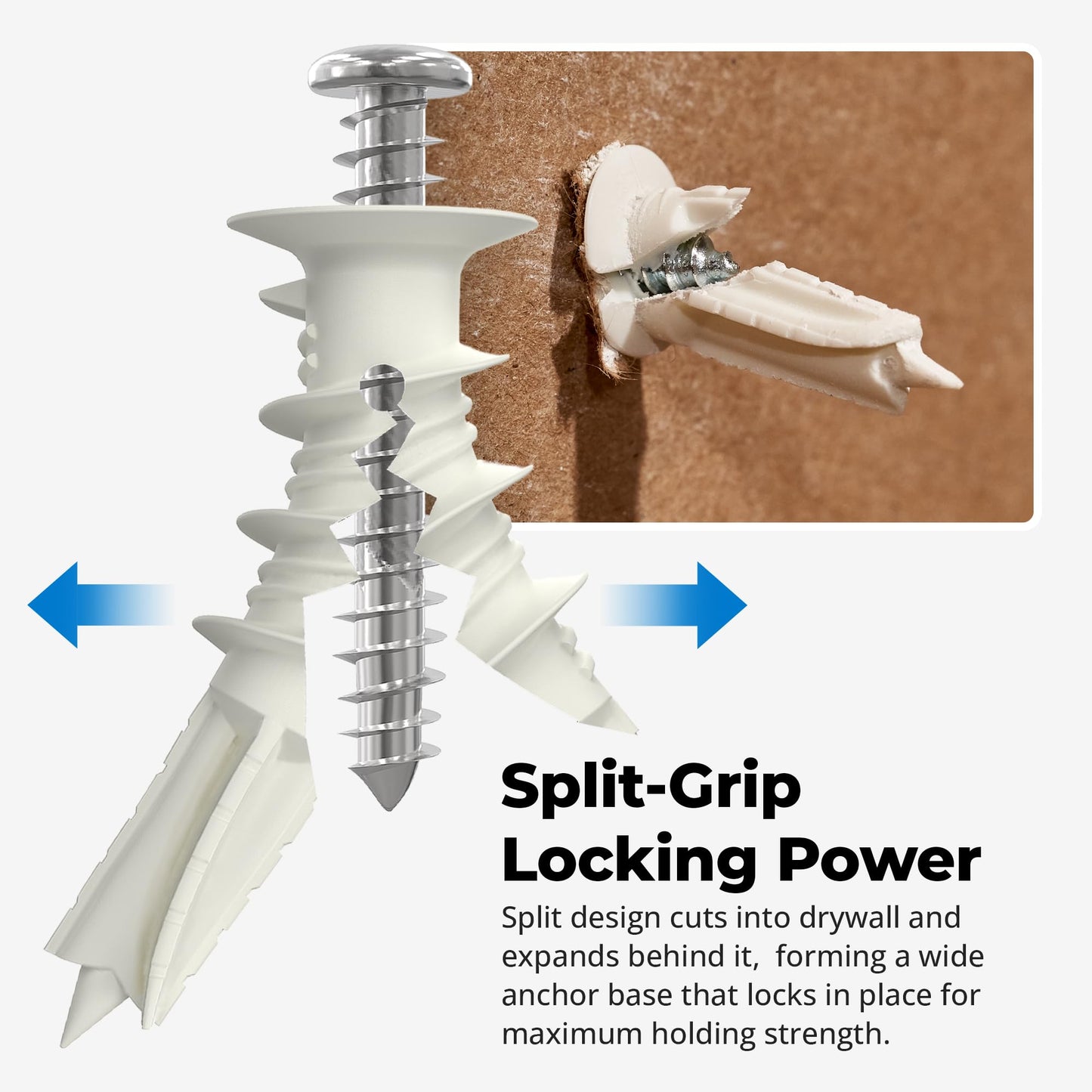 #8 Self Drilling Drywall Plastic Anchors with Screws - No Pre Drill Hole Preparation Required - 75 Lbs