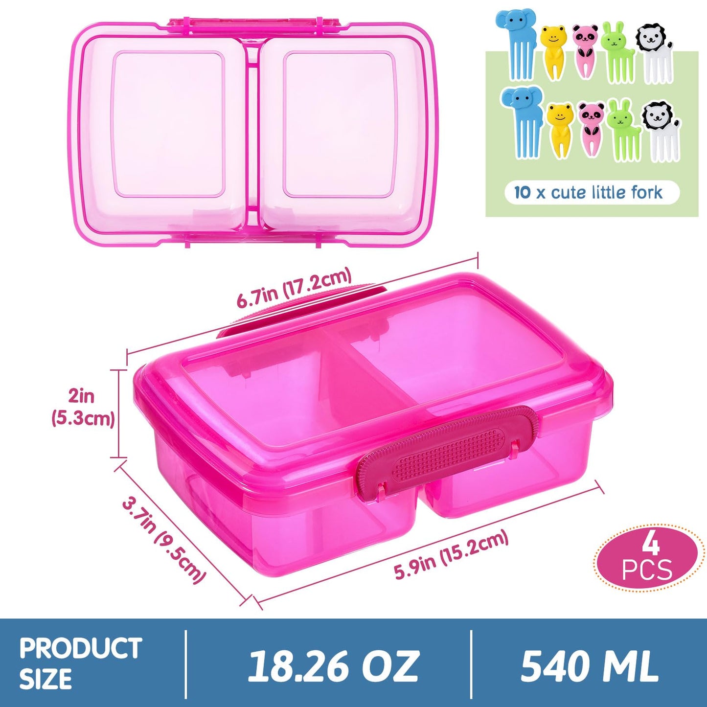Greentainer 4 Pack Snack Containers with Lids for Kids, 2 Compartment Reusable Bento Lunch Box with Cute Forks, Divided BPA-Free Plastic Food Storage & Meal Prep for School, Travel, Fruits & Snacks
