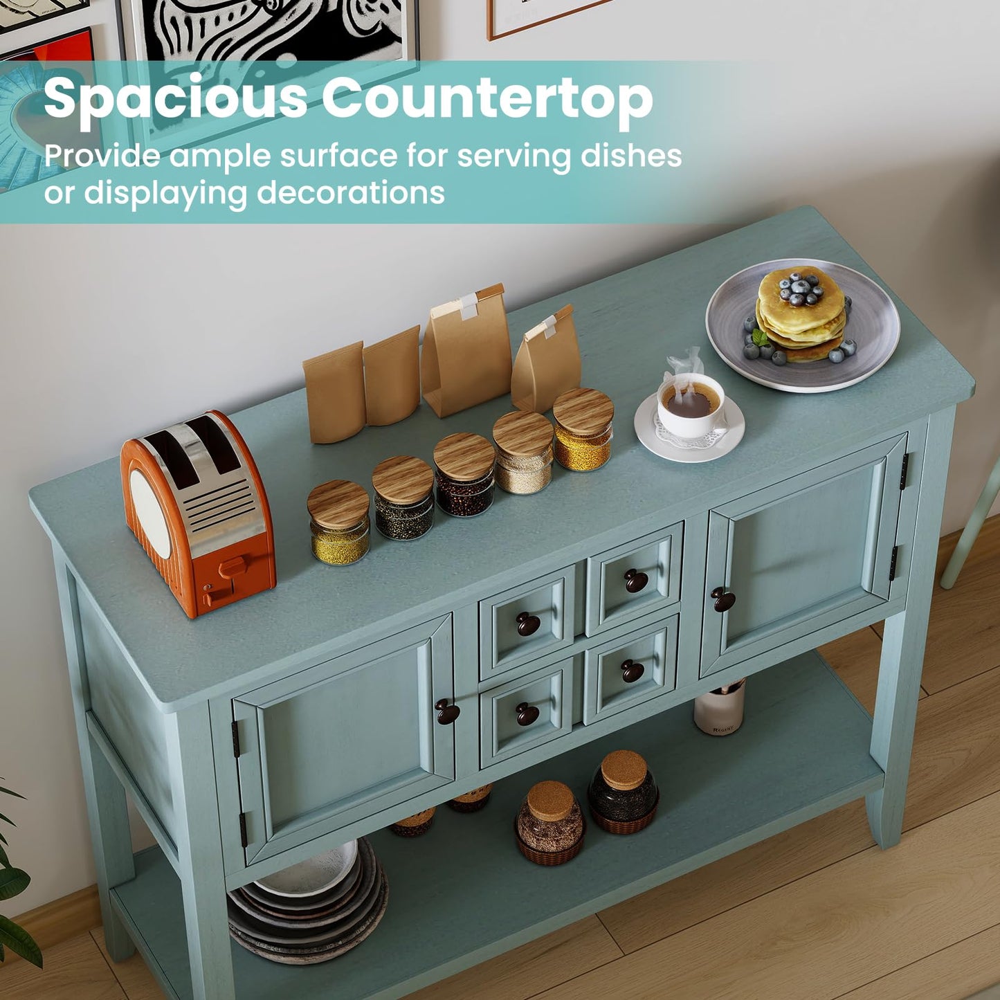 Giantex Sideboard Buffet Cabinet with Storage, 42’’ Wood Credenza, Accent Coffee Bar Cabinet with Open Shelf, 2 Drawers & 2 Doors, Buffet Table for Entryway, Kitchen, Living Room, Hallway, Aqua Blue
