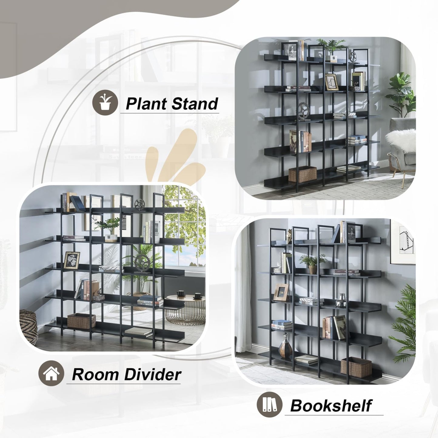 KCSWKJ 5 Tier Bookcase Home Office Open Bookshelf, Vintage Industrial Style Shelf with Metal Frame, MDF Board