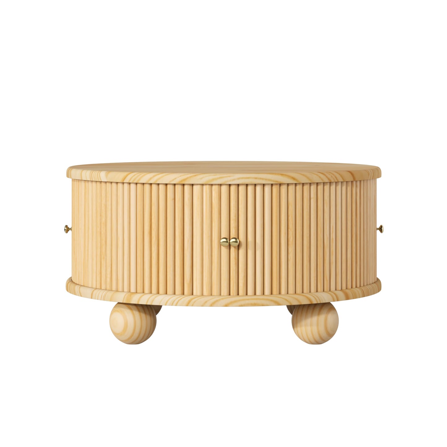 Merax Modern Round Fluted Coffee Table with Storage & Sliding Door – 31.8" Solid Pine Wood Center Table – Living Room Cocktail Table with Hidden Compartment, Natural
